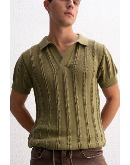 DOKULU POLO YAKA TRİKO HAKİ T-SHIRT